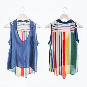 Vintage Havana EUC Blue & Multi Rainbow Stripe Hi-Lo Sheer Top Fits Like S